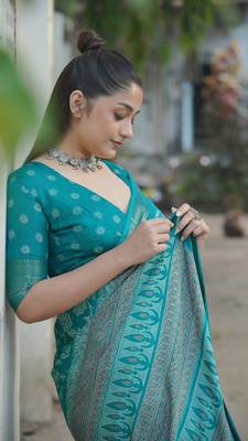 Teal silk blend kalamkari print/floral print golden woven border saree with unstitched blouse piece 3