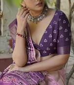 Purple Silk Blend Floral Print/Batik Print Golden Zari Border Saree Without Blouse