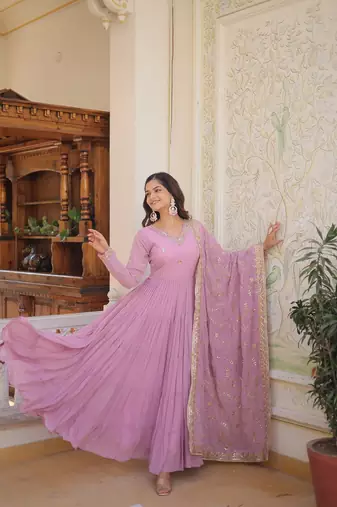 Lavender Color Designer Trending Georgette Gown Dupatta Collection