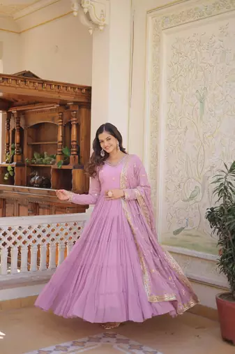 Lavender Color Designer Trending Georgette Gown Dupatta Collection