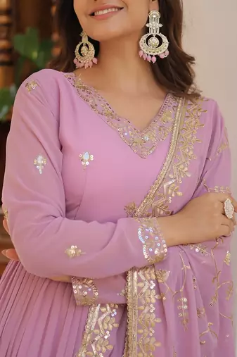 Lavender Color Designer Trending Georgette Gown Dupatta Collection