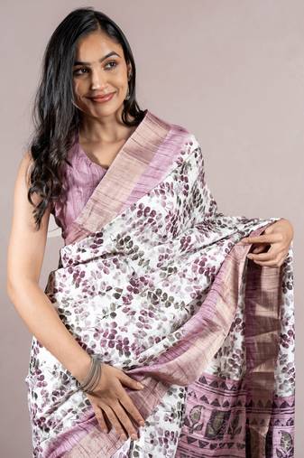 Off White Silk Blend Abstract Print Golden Zari Border Saree Without Blouse