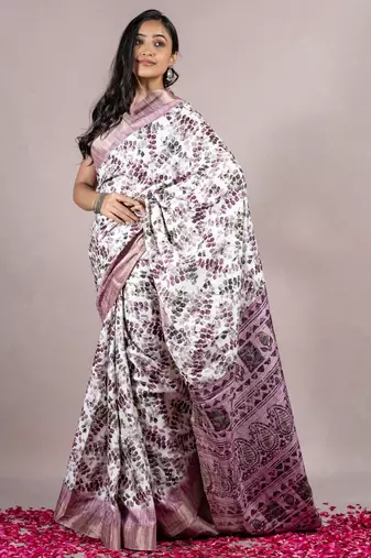 Off White Silk Blend Abstract Print Golden Zari Border Saree Without Blouse