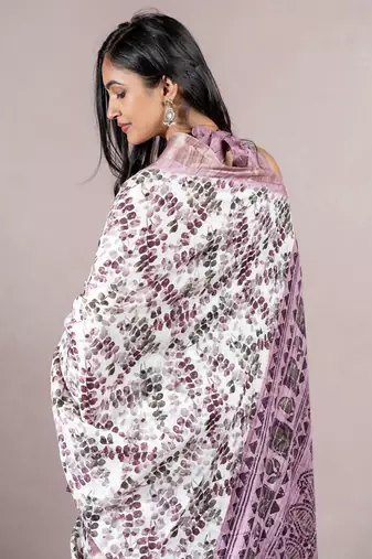 Off White Silk Blend Abstract Print Golden Zari Border Saree Without Blouse
