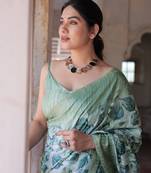 Light Grey Silk Blend Leaf Print/Floral Print Golden Zari Border Saree Without Blouse