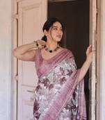 White Silk Blend Leaf Print/Floral Print Golden Zari Border Saree Without Blouse