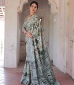 Off White Silk Blend Leaf Print/Floral Print Golden Zari Border Saree Without Blouse
