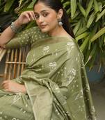 Olive Green Silk Blend Floral Print/Ikkat Print/Block Print Golden Woven Border Saree Without Blouse