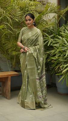 Olive Green Silk Blend Floral Print/Ikkat Print/Block Print Golden Woven Border Saree Without Blouse 2