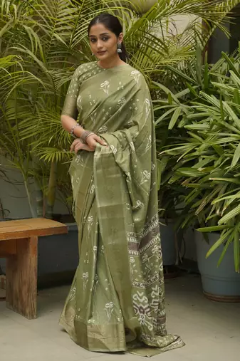 Olive Green Silk Blend Floral Print/Ikkat Print/Block Print Golden Woven Border Saree Without Blouse