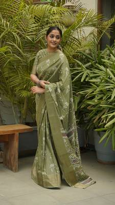 Olive Green Silk Blend Floral Print/Ikkat Print/Block Print Golden Woven Border Saree Without Blouse 3