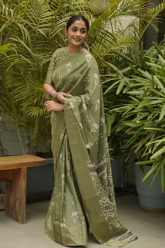 Olive Green Silk Blend Floral Print/Ikkat Print/Block Print Golden Woven Border Saree Without Blouse