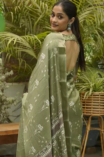 Olive Green Silk Blend Floral Print/Ikkat Print/Block Print Golden Woven Border Saree Without Blouse