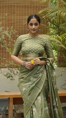 Olive Green Silk Blend Floral Print/Ikkat Print/Block Print Golden Woven Border Saree Without Blouse 5