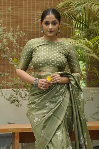 Olive Green Silk Blend Floral Print/Ikkat Print/Block Print Golden Woven Border Saree Without Blouse