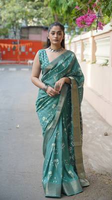 Dusty turquoise silk blend floral print/ikkat print/block print golden woven border saree with unstitched blouse piece 2