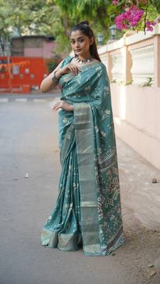 Dusty turquoise silk blend floral print/ikkat print/block print golden woven border saree with unstitched blouse piece 3