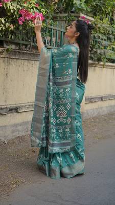 Dusty turquoise silk blend floral print/ikkat print/block print golden woven border saree with unstitched blouse piece 4