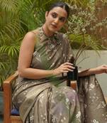 Dusty Beige Silk Blend Floral Print/Ikkat Print/Block Print Golden Woven Border Saree Without Blouse