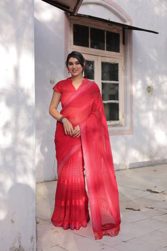 Red Georgette Solid/Zari And Satin Stripes Stone Border Saree Without Blouse