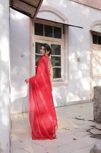 Red Georgette Solid/Zari And Satin Stripes Stone Border Saree Without Blouse