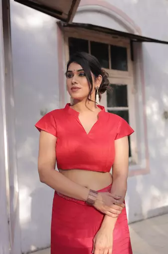 Red Georgette Solid/Zari And Satin Stripes Stone Border Saree Without Blouse