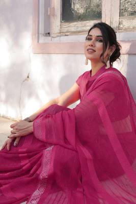 Rani Pink Georgette Solid/Zari And Satin Stripes Stone Border Saree Without Blouse 2