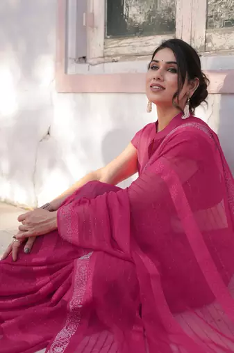 Rani Pink Georgette Solid/Zari And Satin Stripes Stone Border Saree Without Blouse