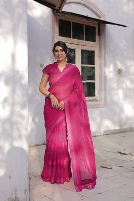Rani Pink Georgette Solid/Zari And Satin Stripes Stone Border Saree Without Blouse 1