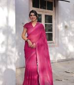 Rani Pink Georgette Solid/Zari And Satin Stripes Stone Border Saree Without Blouse