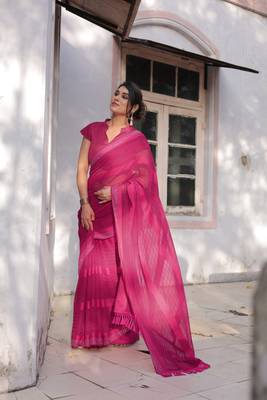 Rani Pink Georgette Solid/Zari And Satin Stripes Stone Border Saree Without Blouse 3