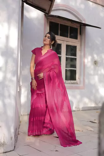 Rani Pink Georgette Solid/Zari And Satin Stripes Stone Border Saree Without Blouse