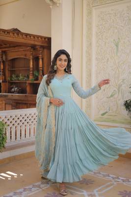 Sky Blue Color Designer Trending Georgette Gown Dupatta Collection 3