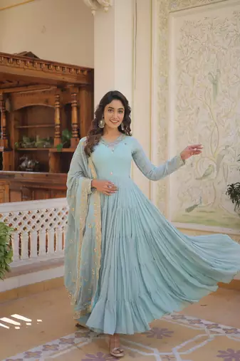 Sky Blue Color Designer Trending Georgette Gown Dupatta Collection