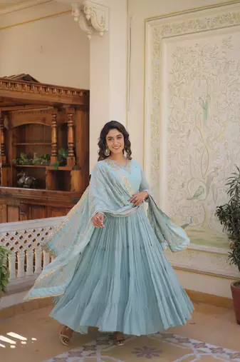 Sky Blue Color Designer Trending Georgette Gown Dupatta Collection