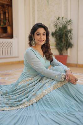 Sky Blue Color Designer Trending Georgette Gown Dupatta Collection 5