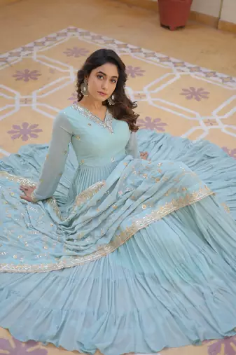 Sky Blue Color Designer Trending Georgette Gown Dupatta Collection