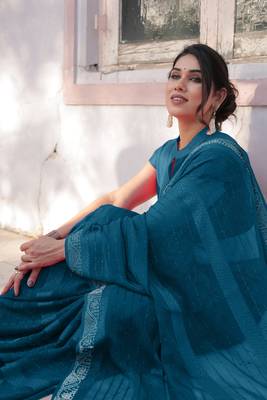 Dark Rama Blue Georgette Solid/Zari And Satin Stripes Stone Border Saree Without Blouse 2