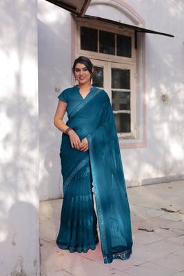 Dark Rama Blue Georgette Solid/Zari And Satin Stripes Stone Border Saree Without Blouse 1