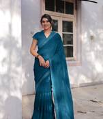 Dark Rama Blue Georgette Solid/Zari And Satin Stripes Stone Border Saree Without Blouse