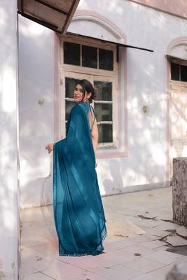Dark Rama Blue Georgette Solid/Zari And Satin Stripes Stone Border Saree Without Blouse 4