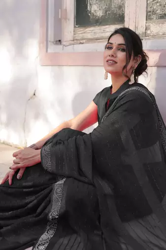 Black Georgette Solid/Zari And Satin Stripes Stone Border Saree Without Blouse