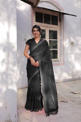 Black Georgette Solid/Zari And Satin Stripes Stone Border Saree Without Blouse 1