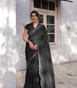 Black Georgette Solid/Zari And Satin Stripes Stone Border Saree Without Blouse