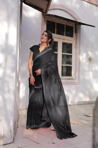 Black Georgette Solid/Zari And Satin Stripes Stone Border Saree Without Blouse