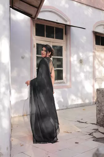Black Georgette Solid/Zari And Satin Stripes Stone Border Saree Without Blouse