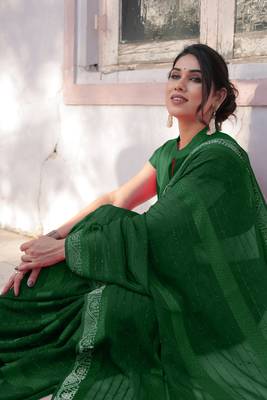 Dark Green Georgette Solid/Zari And Satin Stripes Stone Border Saree Without Blouse 2
