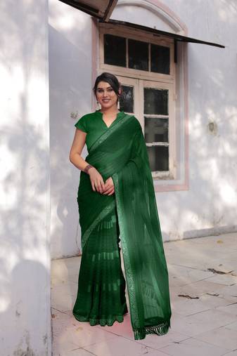 Dark Green Georgette Solid/Zari And Satin Stripes Stone Border Saree Without Blouse