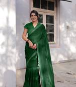 Dark Green Georgette Solid/Zari And Satin Stripes Stone Border Saree Without Blouse