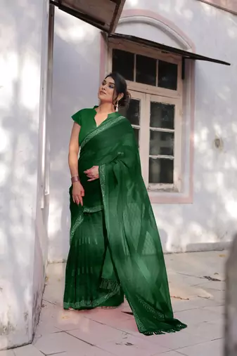 Dark Green Georgette Solid/Zari And Satin Stripes Stone Border Saree Without Blouse
